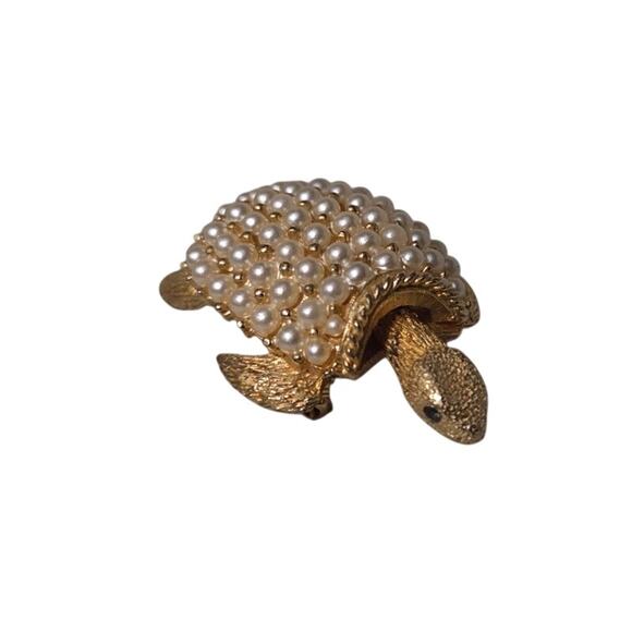 Vintage Turtle Tortoise Bobble Head Faux Pearl Brooch Pin Head Moves - Picture 1 of 8